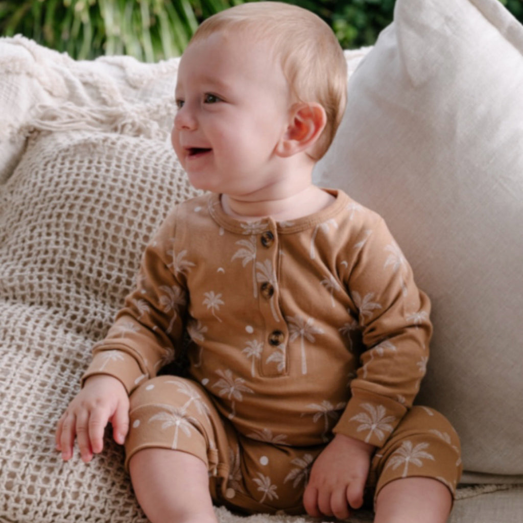 Baby unisex onesie, tan palm print. baby girl, baby boy, Bubba Bee & Me.