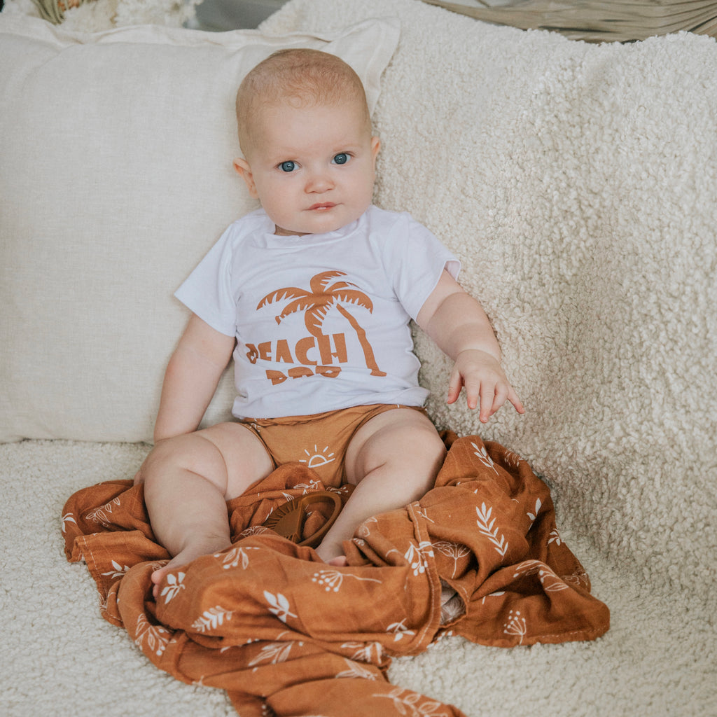Baby white T Shirt Beach Bro lettering,palm tree print, tan short,white sunrise print, Bubba Bee & Me.
