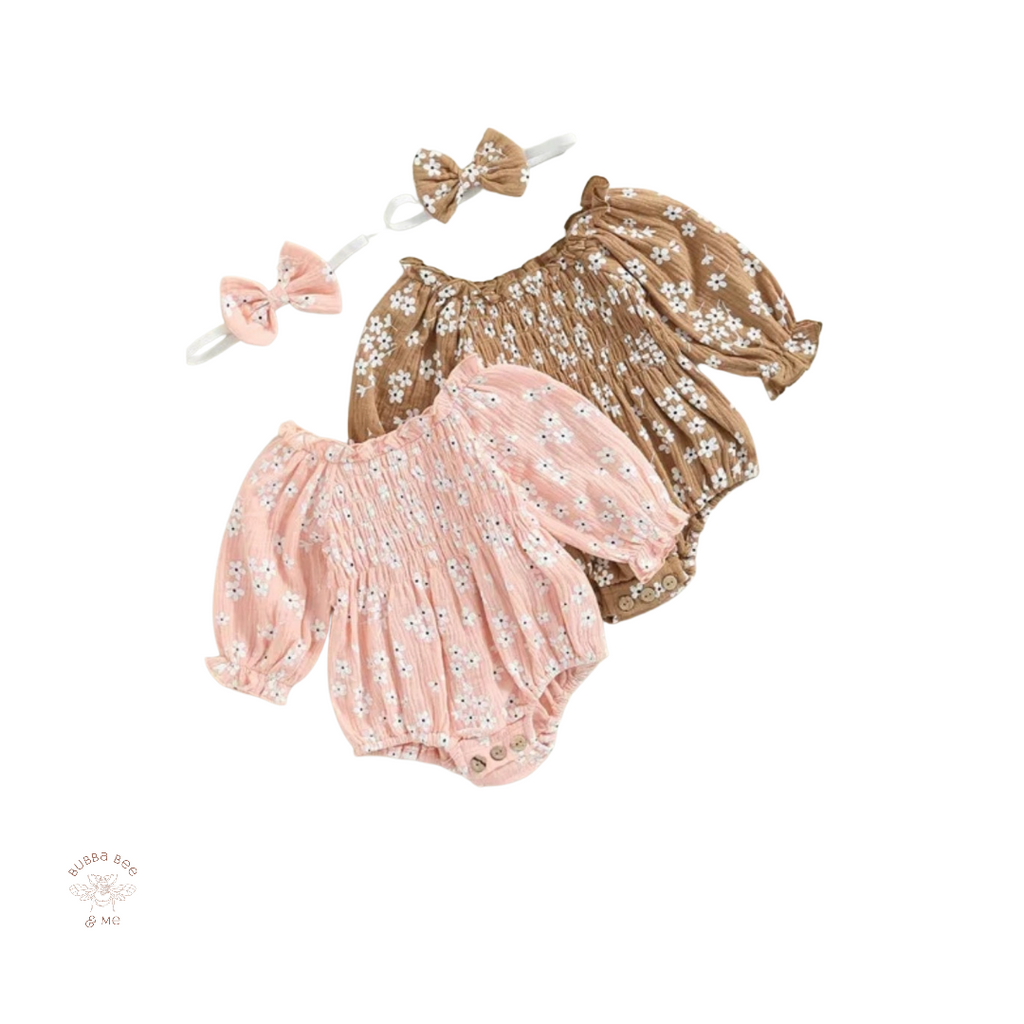 Baby girl pink romper,blossom flower matching headband, brown romper,blossom flowers,matching headband,Bubba Bee & Me.