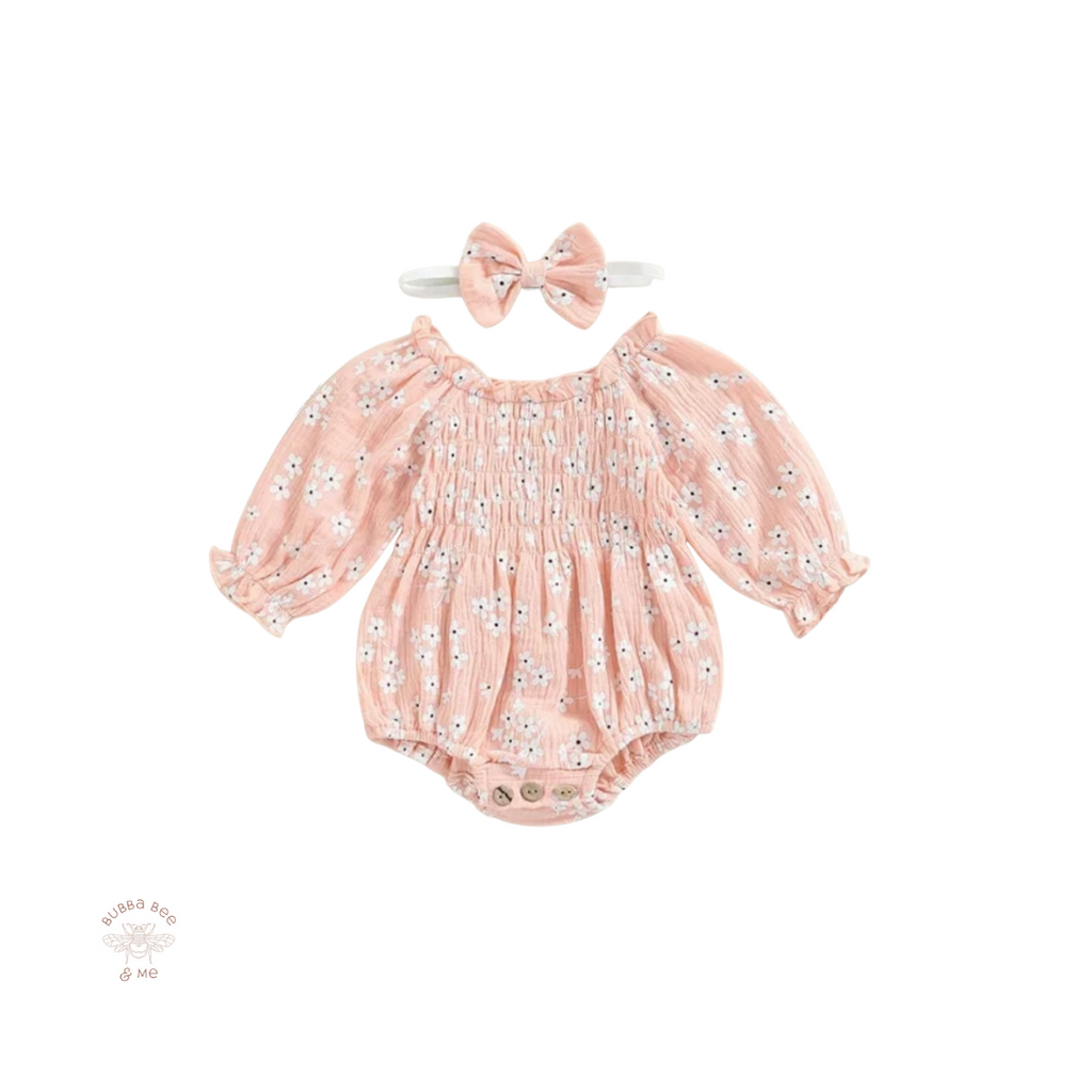 Baby girl pink romper,blossom flowers,matching headband,Bubba Bee & Me.