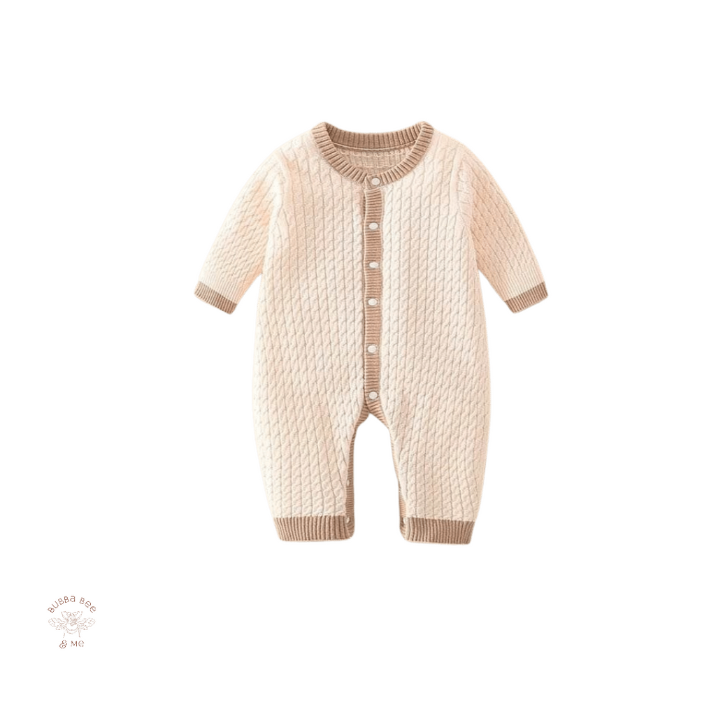 Baby girl two tone, knitted onesie, peachy cream and tan trim, Bubba Bee & Me.