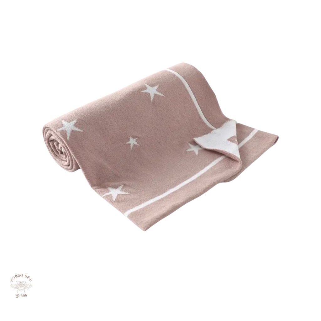knitted baby blanket, taupe colour white stars, Bubba Bee & Me.
