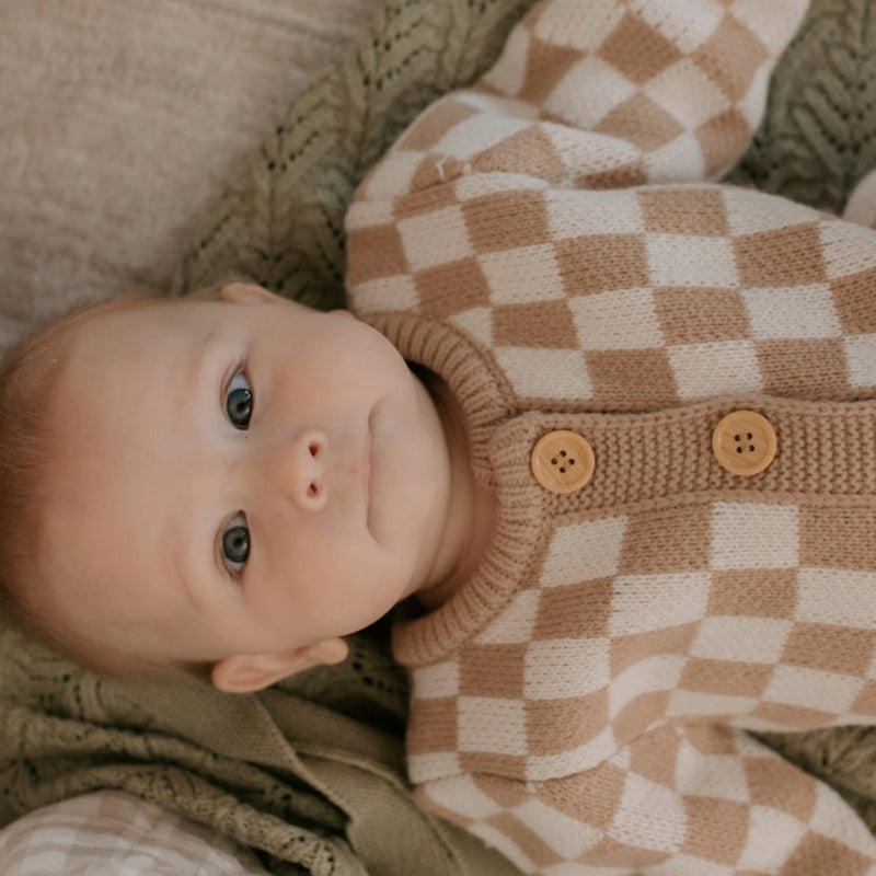 Knitted Onesie - Check Latte.
