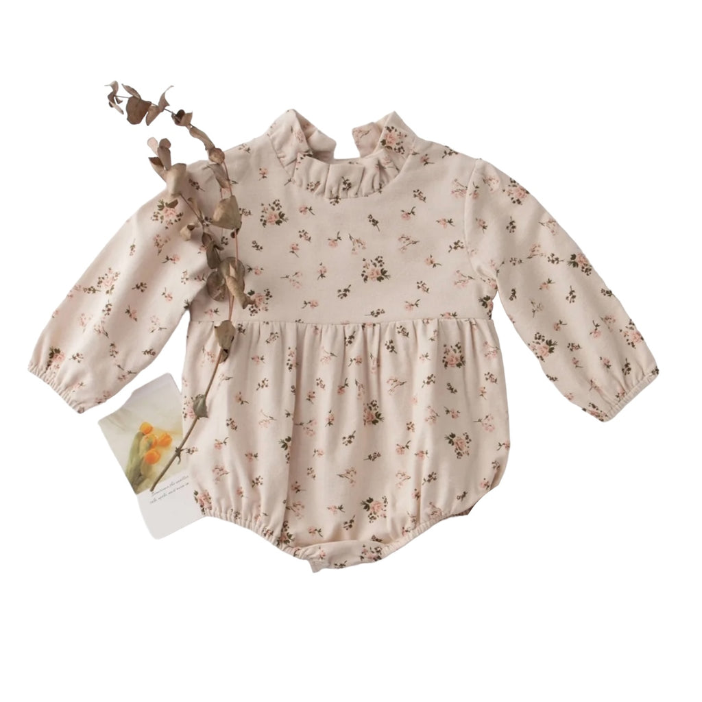baby girl romper, frill neckline, long-sleeved delicate wild flower pattern, Brushed cotton.