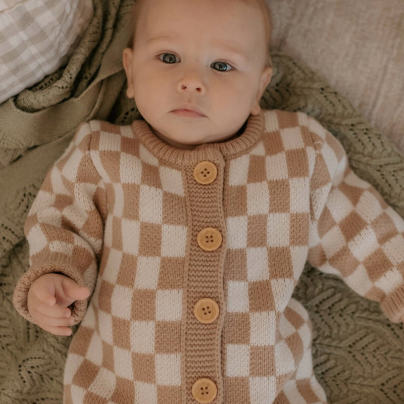 Knitted Onesie - Check Latte.