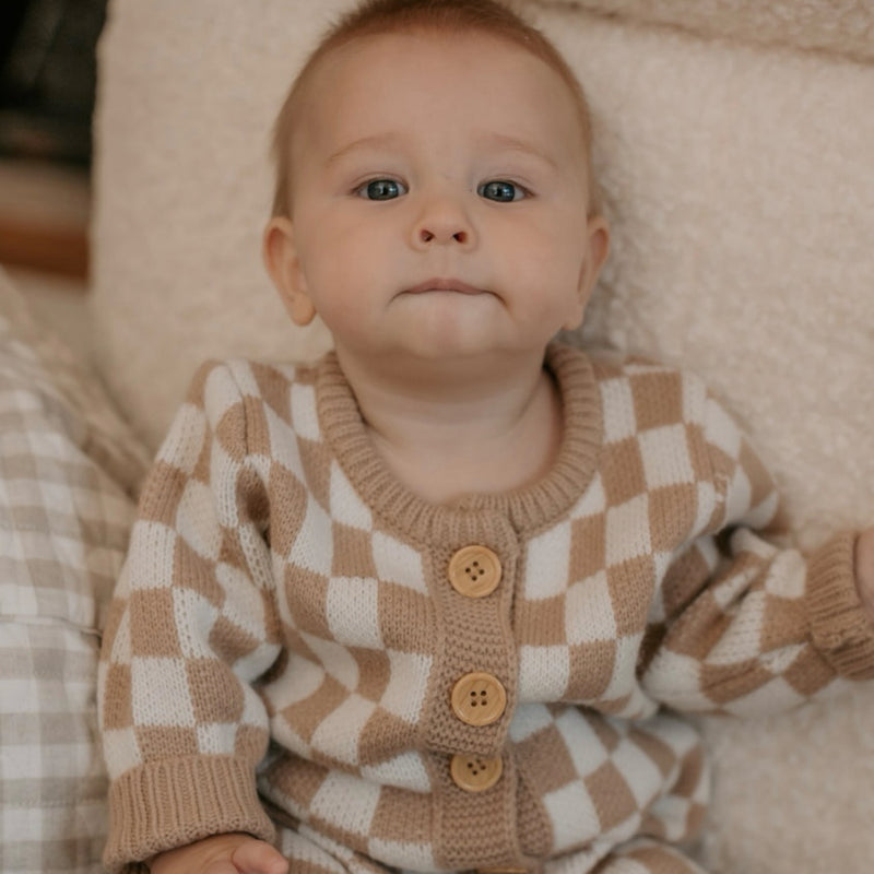 Knitted Onesie - Check Latte.