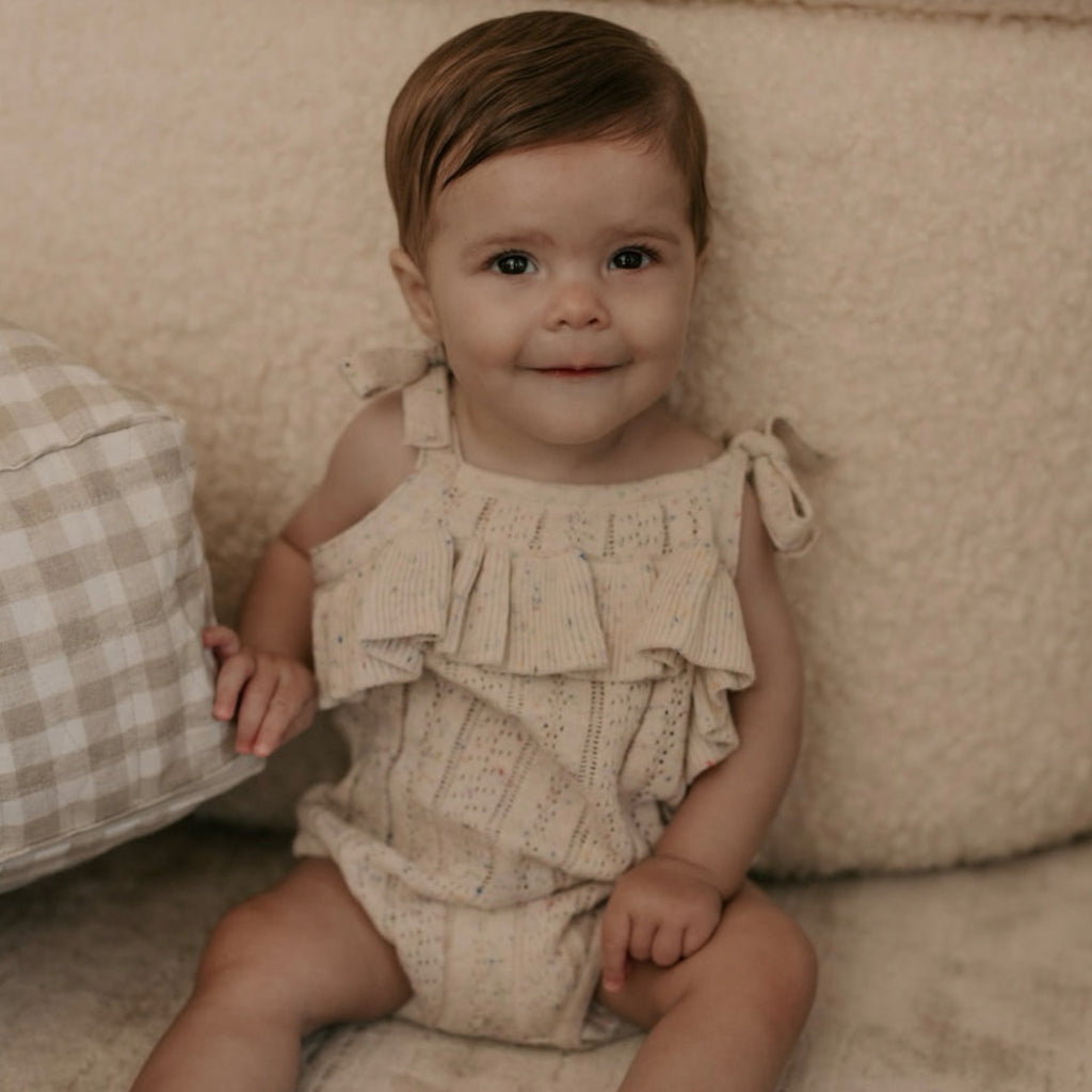 Knitted romper,specklefleck,ruffles,baby girl,Bubba bee & Me.