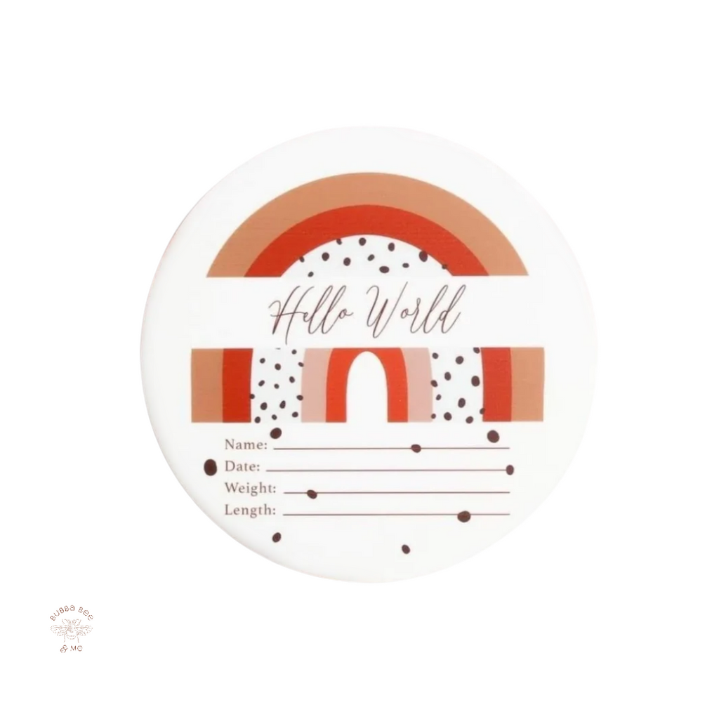 CMC baby announcement plaque.Orange and red rainbow pattern.
