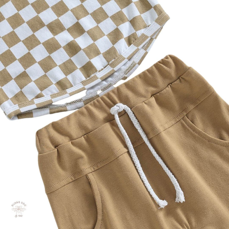Baby 2 piece Set, check shirt,caramel shorts,Bubba Bee & Me.