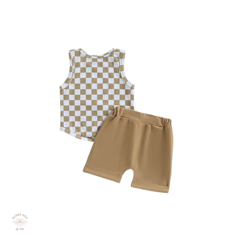 Baby 2 piece Set, check shirt,caramel shorts,Bubba Bee & Me.