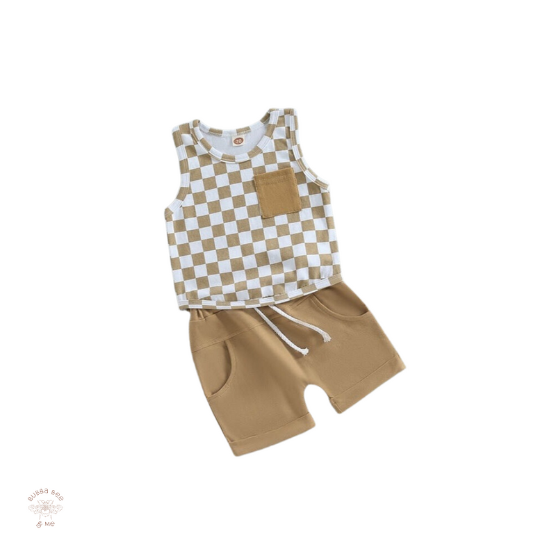 Baby 2 piece Set, check shirt,caramel shorts,Bubba Bee & Me.