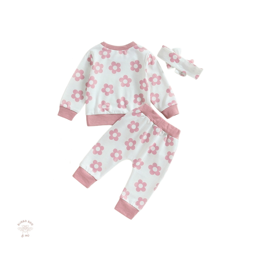 Baby girl white tracksuit,pinkflowers,matching headband,backview,Bubba Bee & Me.