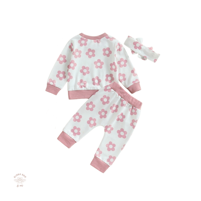 Baby girl white tracksuit,pinkflowers,matching headband,backview,Bubba Bee & Me.