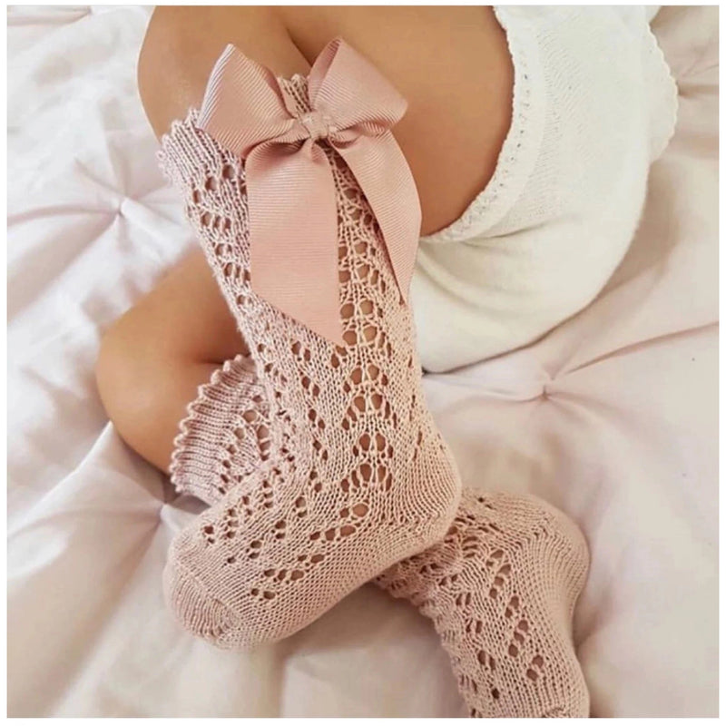 Baby girl, pink cotton, Spanish style socks with satin ribbon, Bubba Bee & Me.