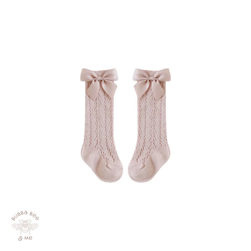 Baby girl, pink cotton, Spanish style socks with satin ribbon, Bubba Bee & Me.