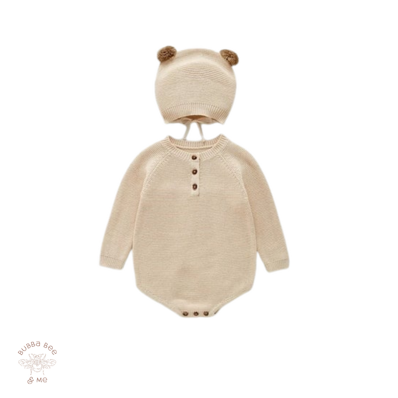 Knitted romper matching teddy ear beanie Stone