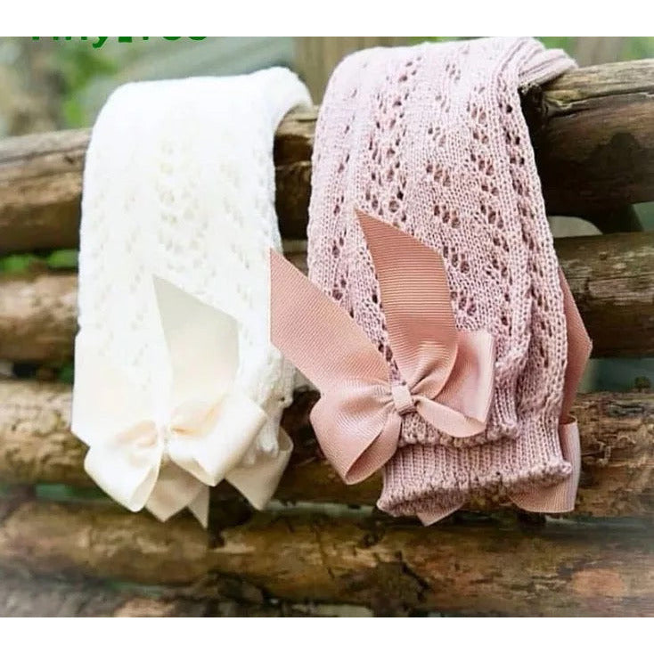 Baby girl, pink and white cotton, Spanish style socks with satin ribbon, Bubba Bee & Me.