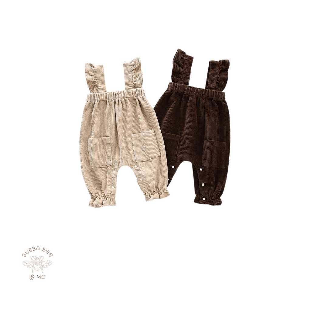 Cotton Cord, Cream and brown fully lined, Baby Girl ruffle strap, front pockets, winter , Bubba Bee & Me.