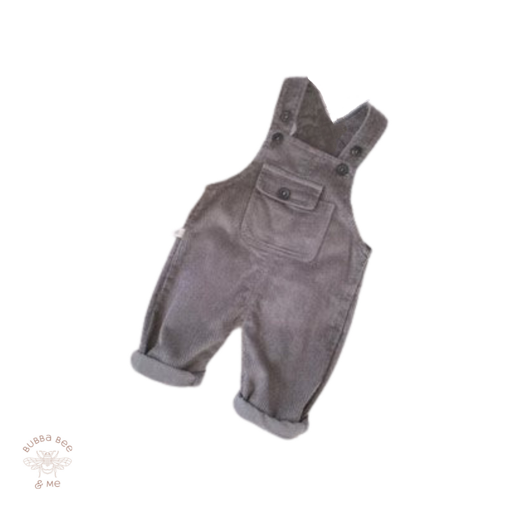 Grey 100% Cotton cord overalls with front pocket, baby boy, Bubba Bee & Me.