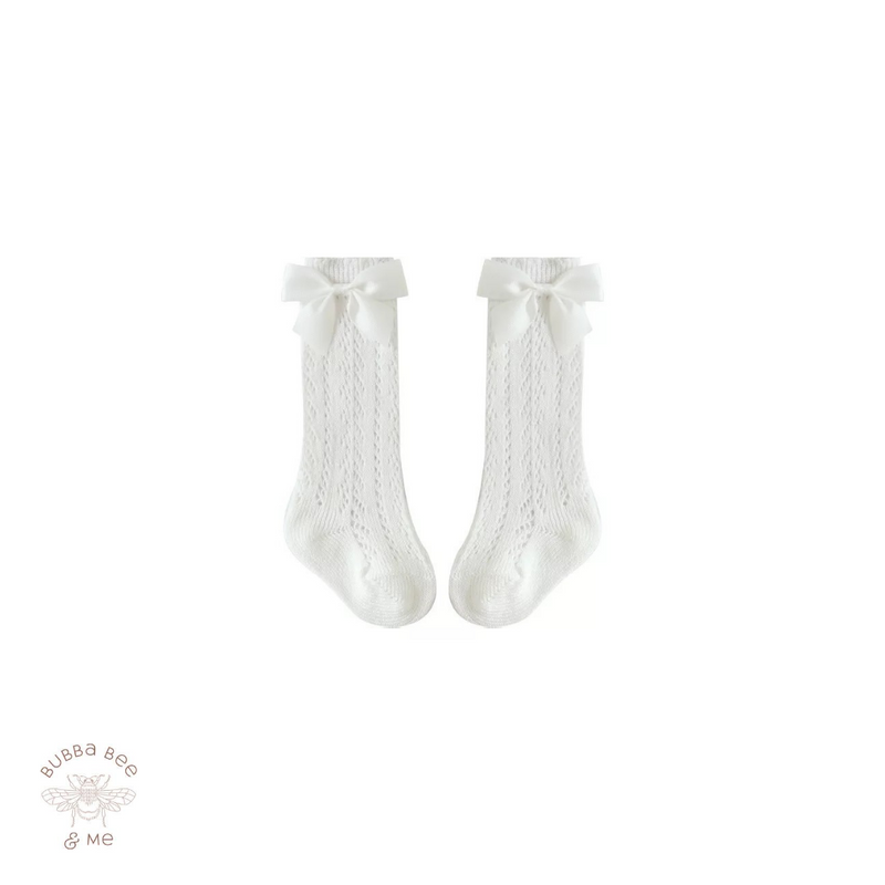 Baby girl, White cotton, Spanish style socks with satin ribbon, Bubba Bee & Me.