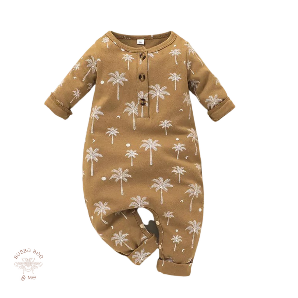 Baby unisex onesie, tan palm print. baby girl, baby boy, Bubba Bee & Me.