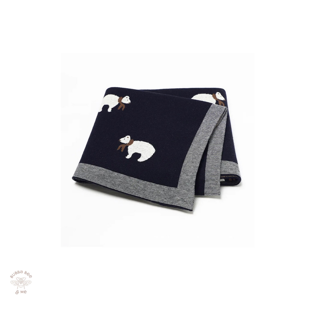 Knitted baby blanket,navy colour,polsr bear pattern, Bubba Bee & Me.