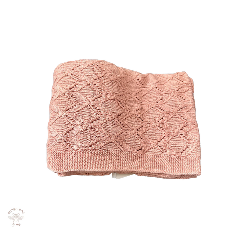 knitted Baby blanket, diamond pattern, musk pink colour, Bubba Bee & Me.