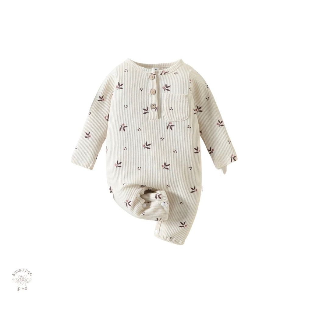 Baby girl stone colour onesie,botanical print,Bubba Bee & Me.