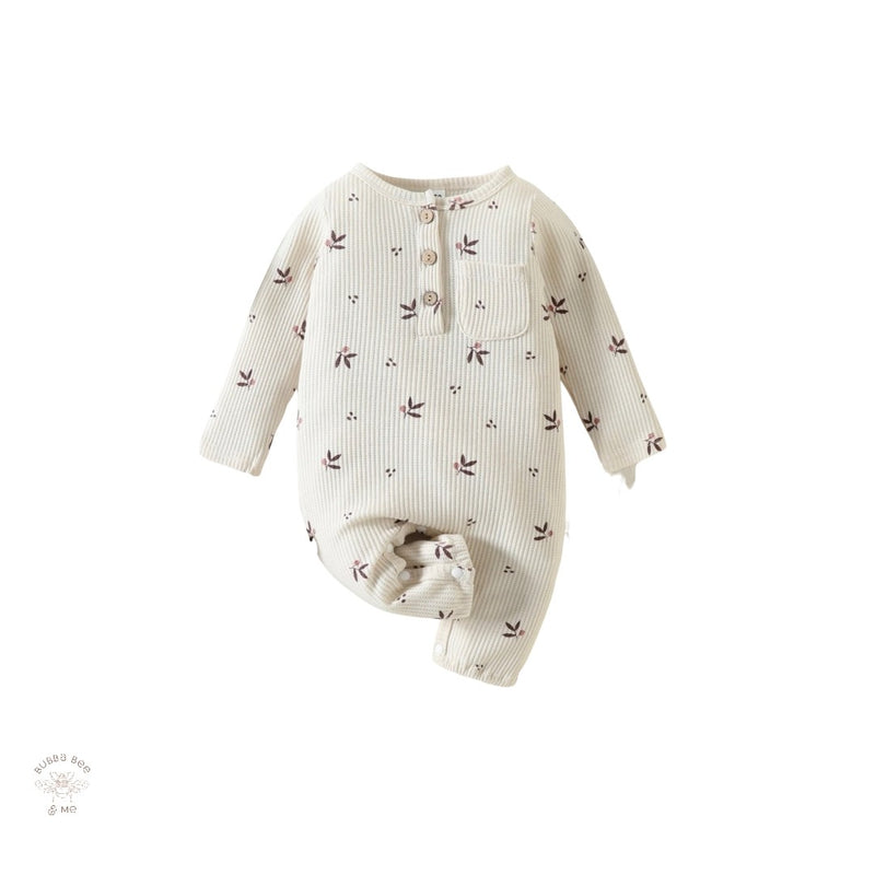 Baby girl stone colour onesie,botanical print,Bubba Bee & Me.