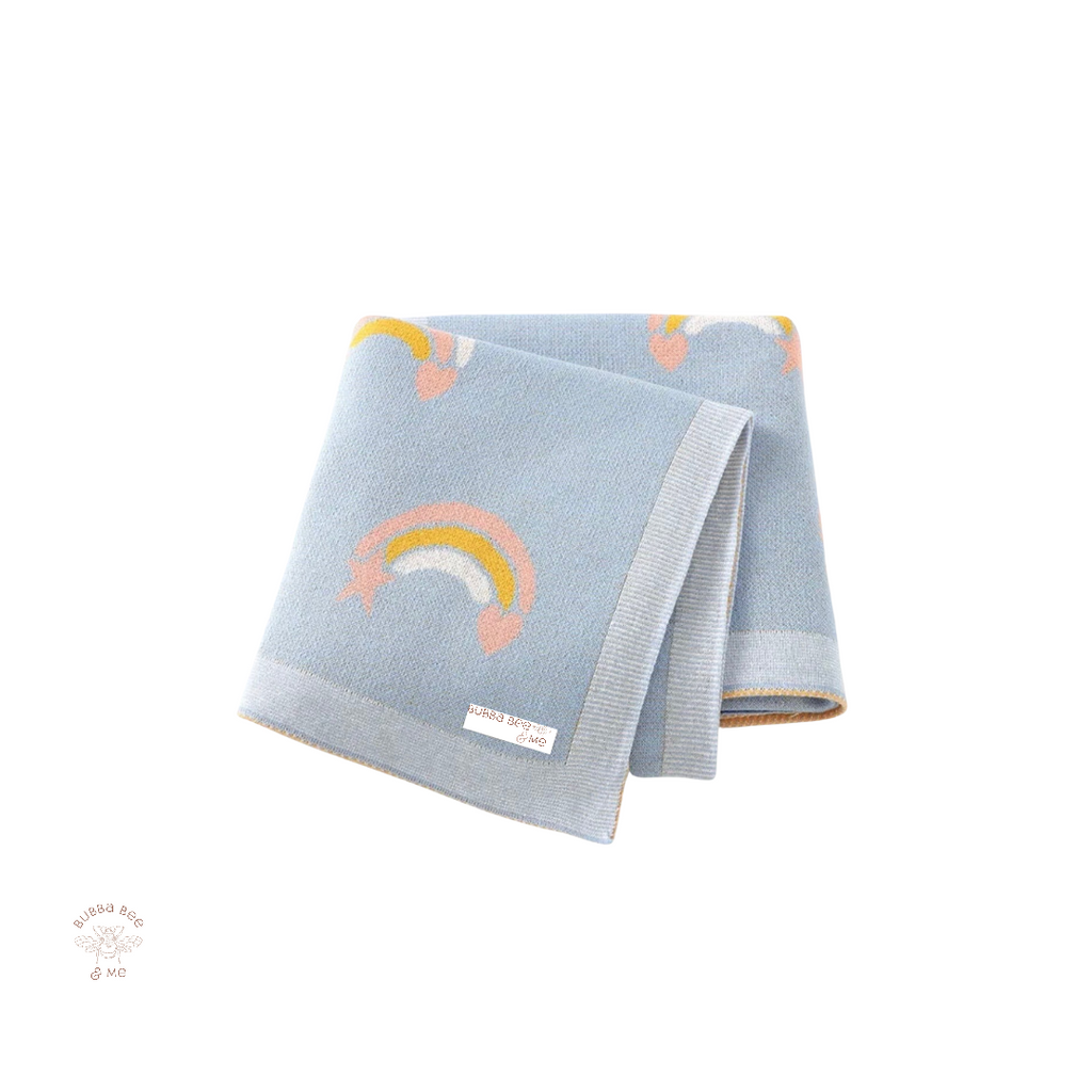 lnitted baby blanket, blue pink. and orange rainbow pattern, Bubba Bee & Me.