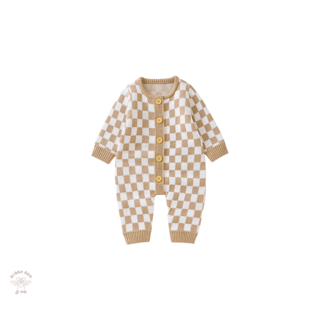 Checkered brown and white onesie, knitted onesie checkered, Bubba Bee & Me.