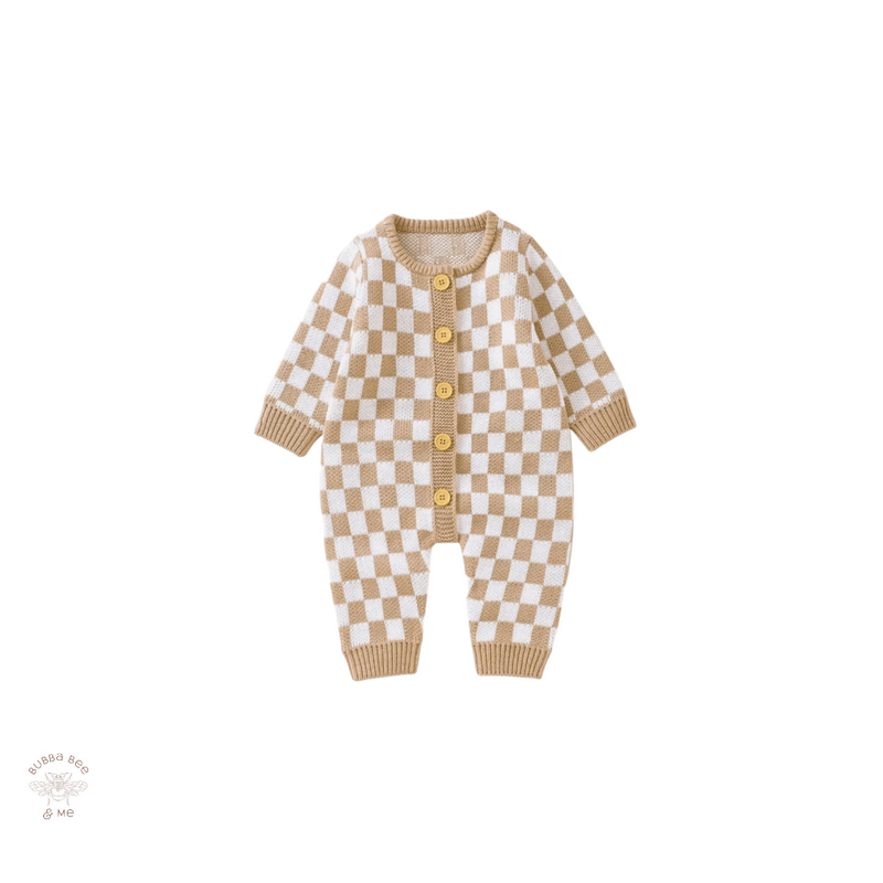 Checkered brown and white onesie, knitted onesie checkered, Bubba Bee & Me.