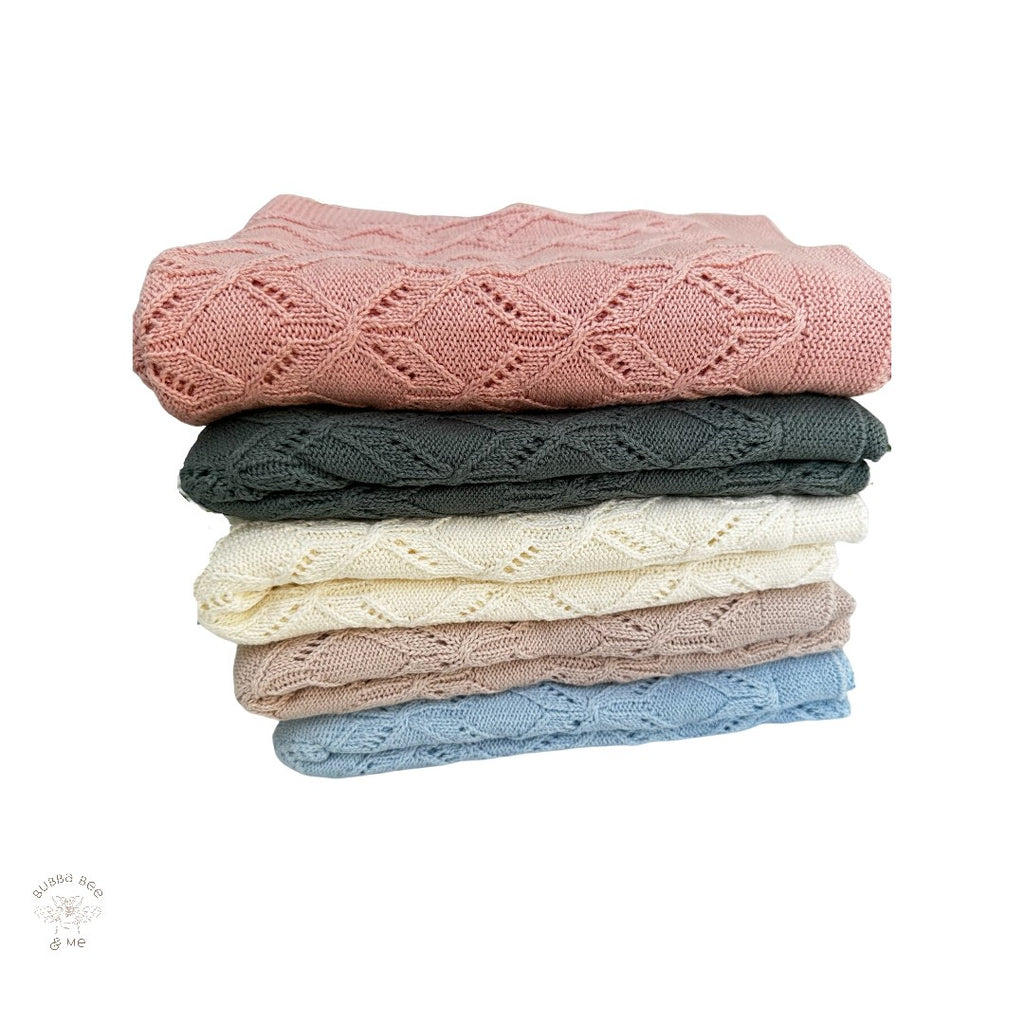 Knitted cotton baby blanket, baby receiving blanket pink green cream tan and blue, Bubba Bee & Me.