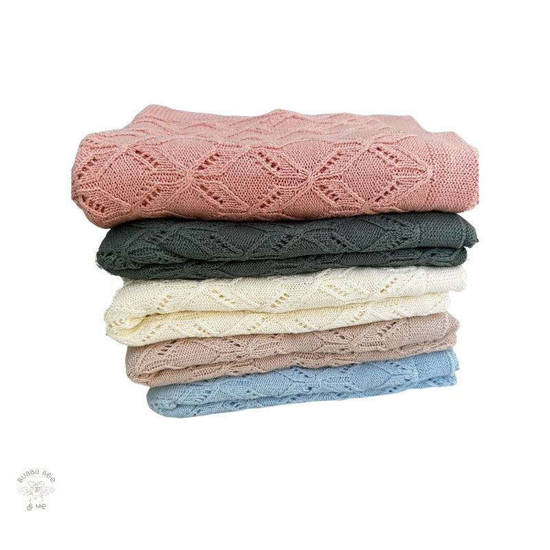 Knitted cotton baby blanket, baby receiving blanket pink green cream tan and blue, Bubba Bee & Me.