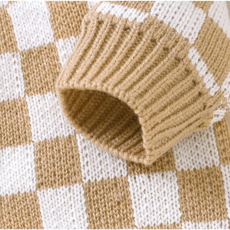 Knitted Onesie - Check Latte.