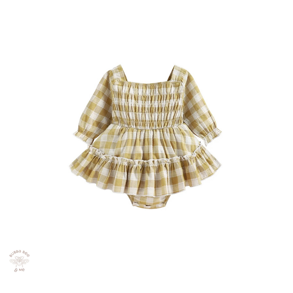 Baby girl onesie, plaid check ruffle, long sleeve, Bubba Bee & Me.