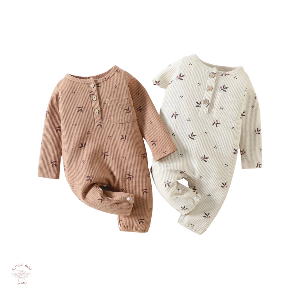 Baby girl Latte onesie Tan onesie, botanical print,Bubba Bee & Me.
