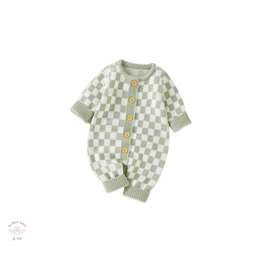 Checkered Green Onesie, knitted check, Green and white check,Bubba Bee & Me