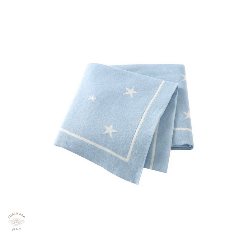 knitted baby blanket, blue with white stars, Bubba Bee & Me.