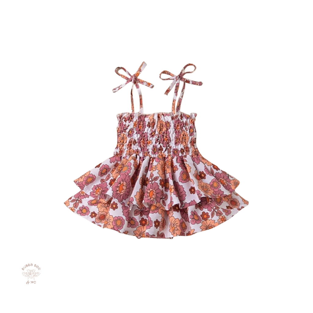 Baby girl romper, bright flowers,shoulder straps,ruffles,Bubba Bee & Me.