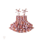 Baby girl romper, bright flowers,shoulder straps,ruffles,Bubba Bee & Me.