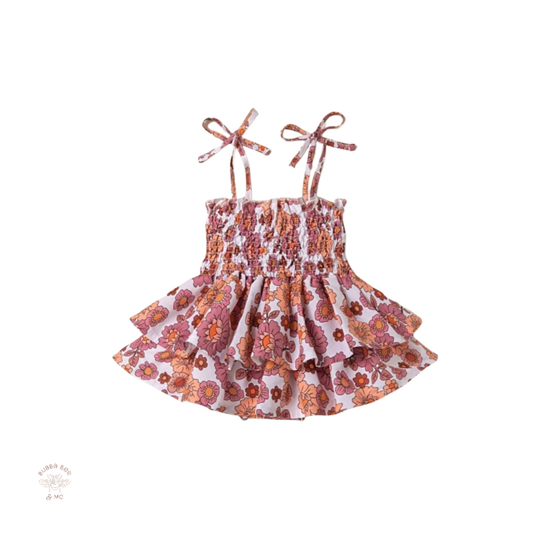 Baby girl romper, bright flowers,shoulder straps,ruffles,Bubba Bee & Me.